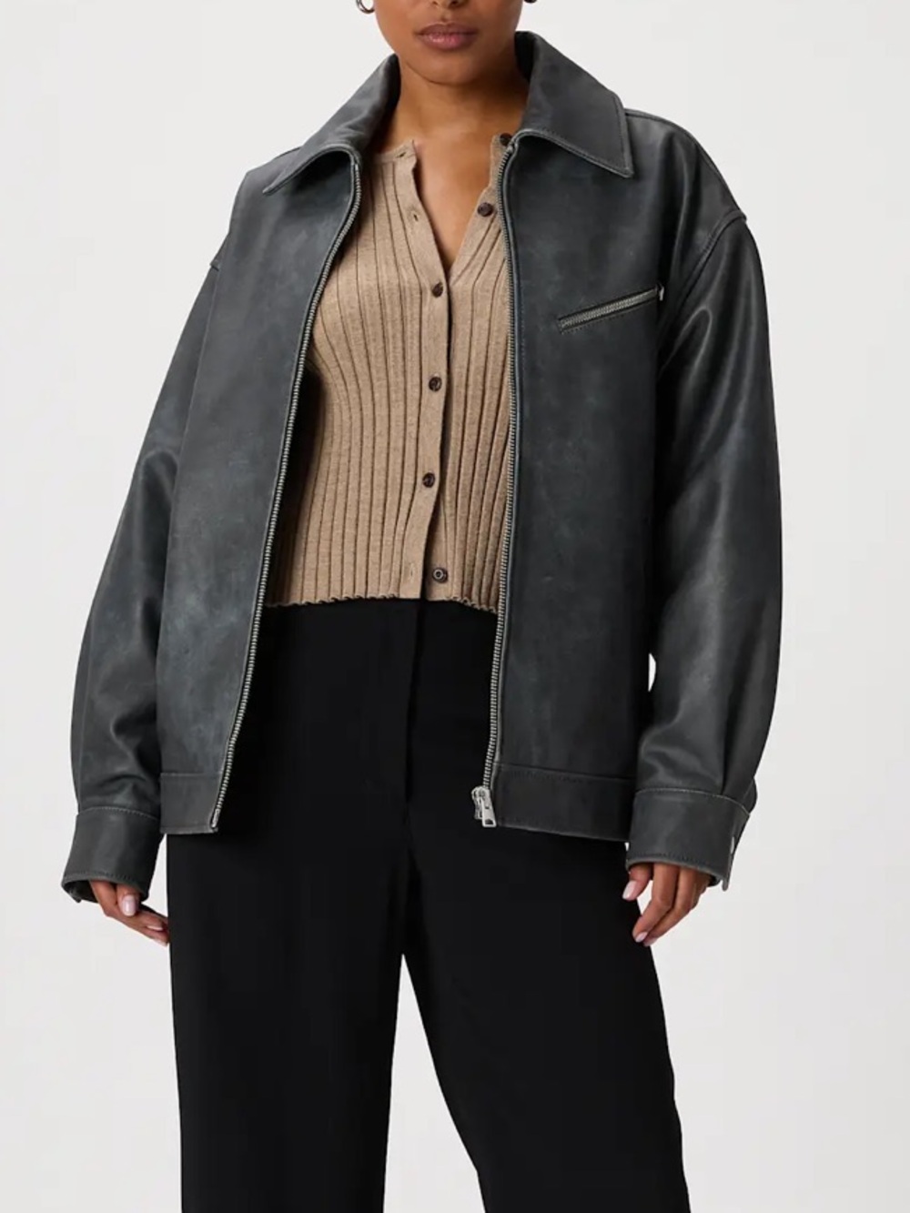 Quince Distressed Black Leather Oversized Bomber Jacket Edgy Sz M NWT Streetwear